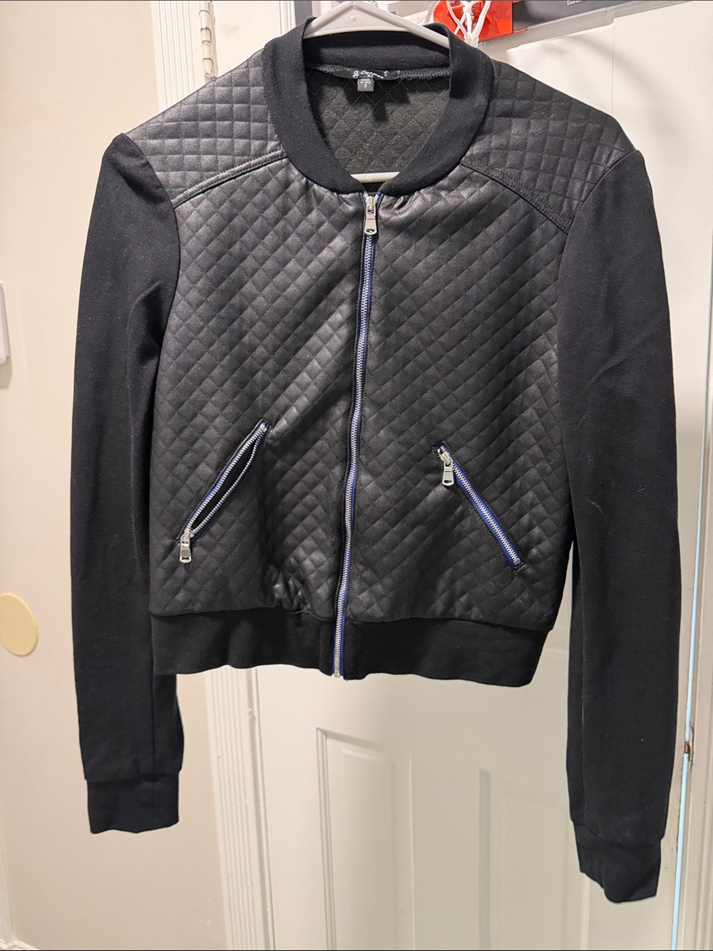 Quilted Black Bomber Jacket with Contrast Zippers